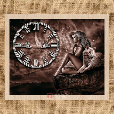 WOMAN WITH WOLF CLOCK pyroprinter & laser-ready files 3DWave.us